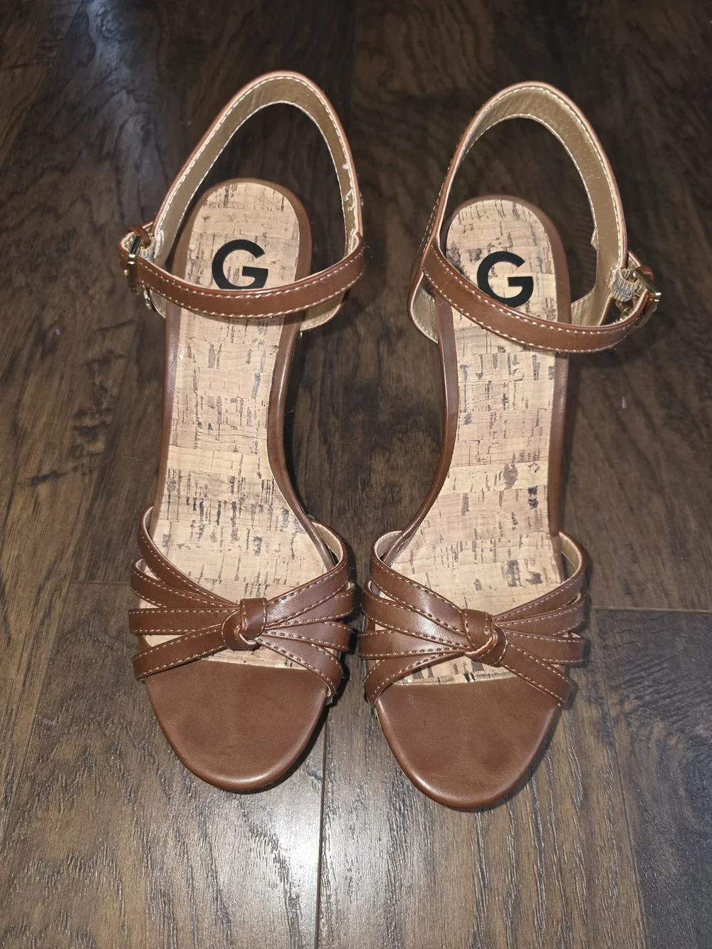G by Guess Brown Strappy Cork-Style Wedge Sandals